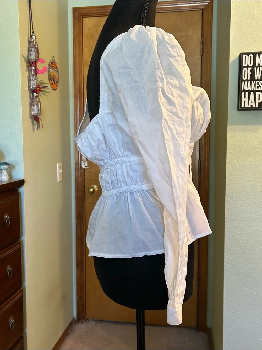 J. Crew white long puff sleeve button down square neck peplum cotton blouse 8